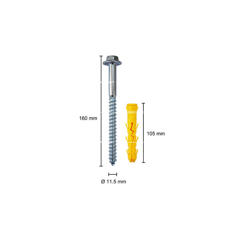 Un boulon à bride de 11,5 mm de diamètre et 160 mm de hauteur, accompagné d'une cheville en plastique jaune de 105 mm de hauteur.