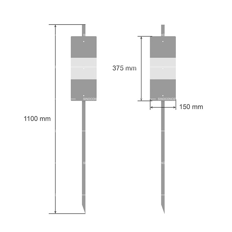 Dessin d'un piquet de chantier K5B en acier à simple face, affichant les données détaillées de la hauteur totale, de la hauteur du panneau et de la largeur du panneau.