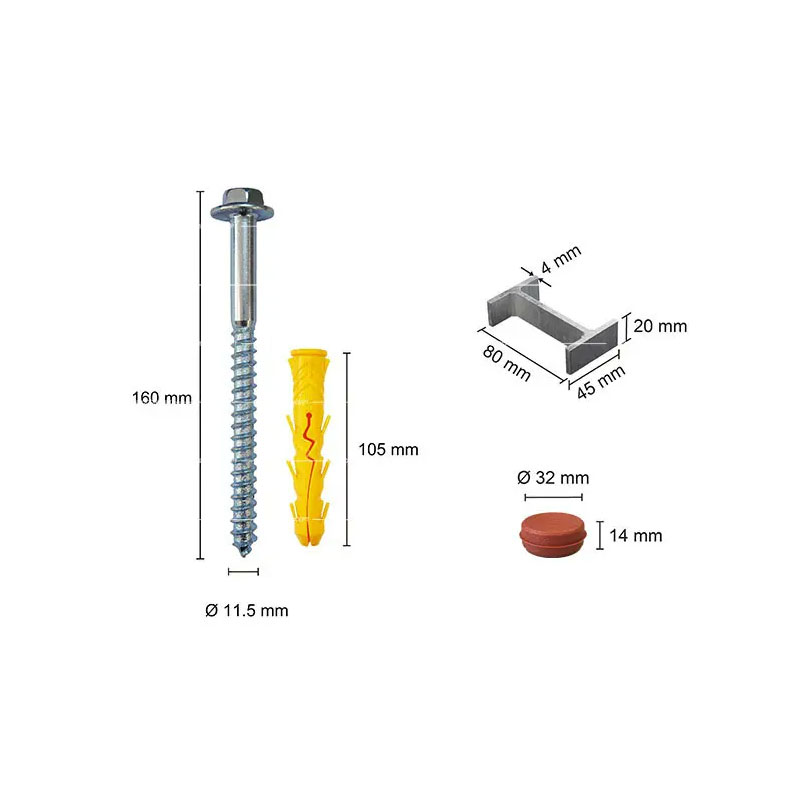 Une vis à tête hexagonale galvanisée (diamètre 11,5 mm, hauteur 160 mm) avec une cheville en plastique jaune de 105 mm, accompagnée d'un capuchon rouge et d'un connecteur en H.