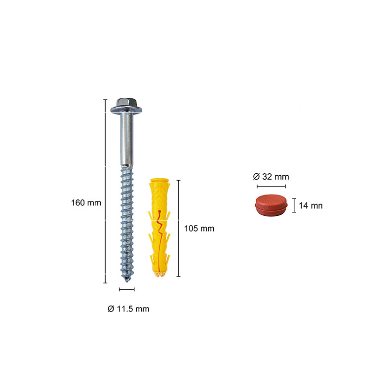 Un boulon à bride de 11,5 mm de diamètre et 160 mm de hauteur, accompagné d'une cheville en plastique jaune de 105 mm de hauteur, ainsi qu'un capuchon rouge de 32 mm de diamètre et 14 mm de hauteur.