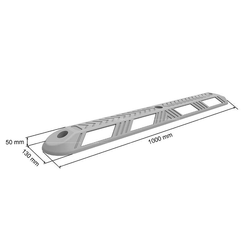 Dessin en 3D d'un séparateur de voie franchissable de type Éco montrant les dimensions, avec des bandes réfléchissantes blanches pour la gestion du trafic.