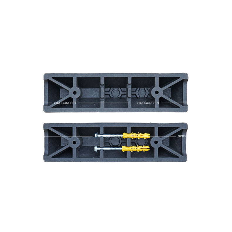 Vue de dessous d'une butée de stationnement de 550 mm en composite plastique-caoutchouc avec 2 vis à tête hexagonale à bride galvanisée et ancres en plastique.