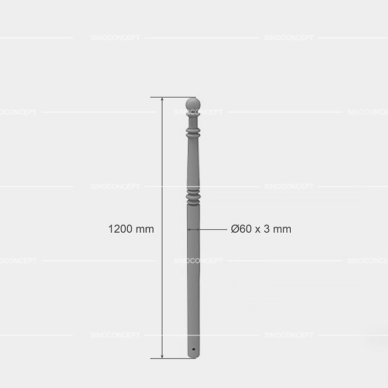 Dimensions Potelet Champs Élysées : diamètre 60 mm, hauteur 1200 mm.