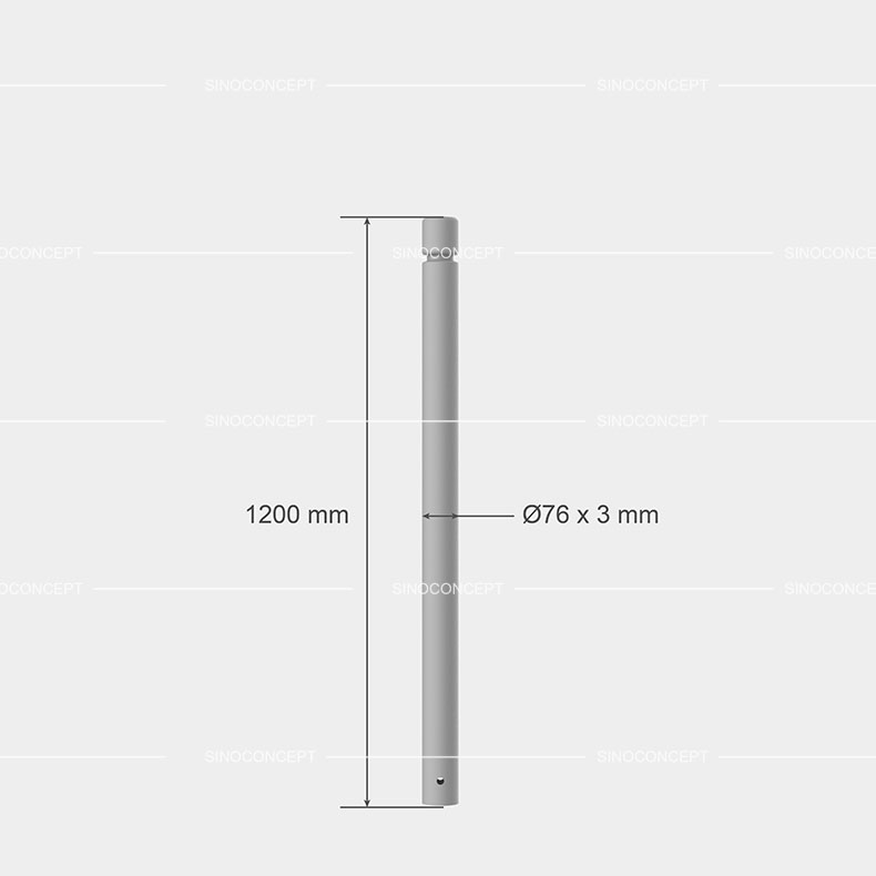 Dimensions potelet gorge Sino Concept : diamètre 76 mm, hauteur 1200 mm.