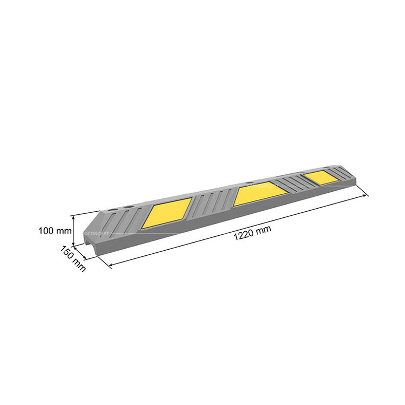 Dessin en 3D d'un butoir de parking de 1220 mm montrant les dimensions, y compris la longueur, la largeur et la hauteur.