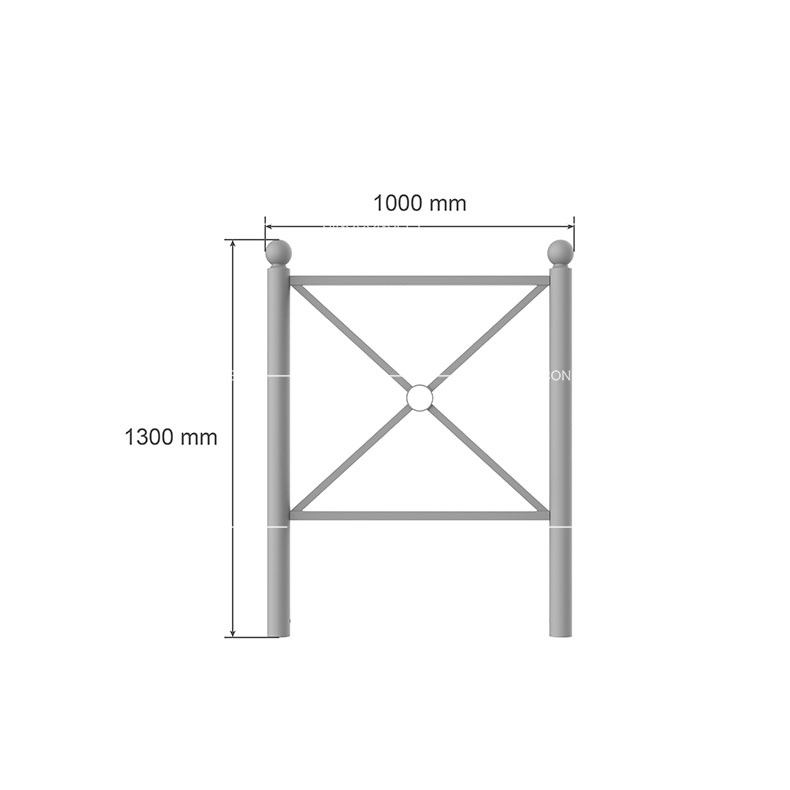 Dimensions 3D barrière boule utilisée en tant que mobilier urbain, largeur 1000 mm, hauteur 1300 mm.