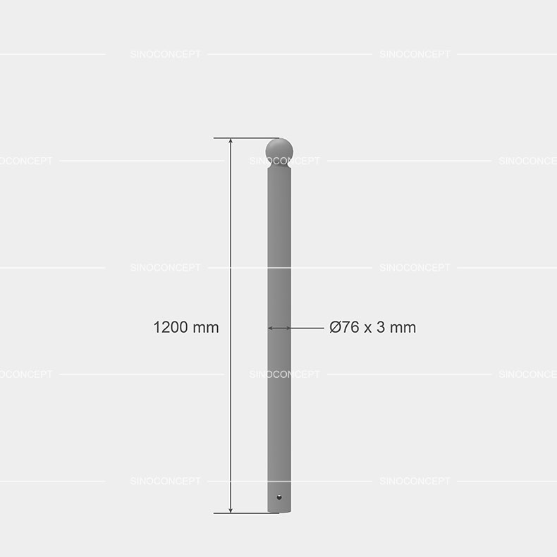 Dimensions potelet boule gris : diamètre 76 mm, hauteur 1200 mm.