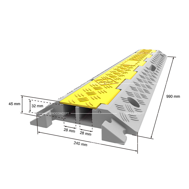 Dimensions en millimètres de nos protège-câbles 2 canaux en composite plastique-caoutchouc