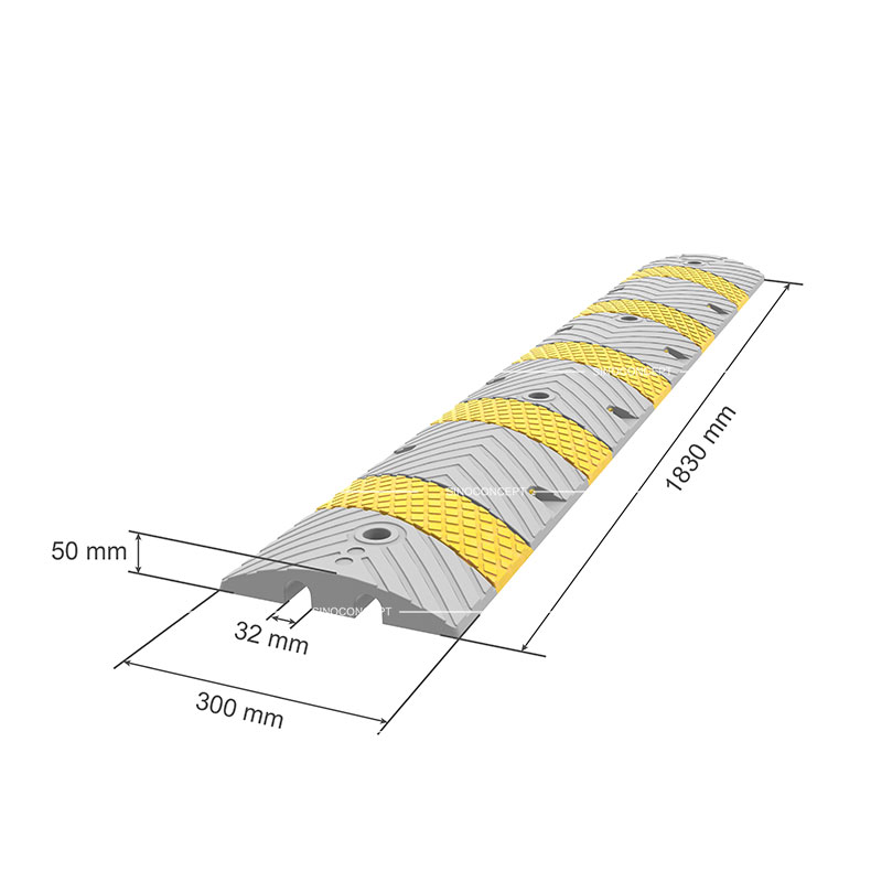 Dessin en 3D d'un ralentisseur monobloc montrant les dimensions de la partie centrale.