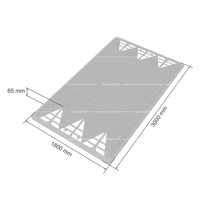 Dessin 3D d'un coussin berlinois en caoutchouc montrant les dimensions du type Europe, avec des bandes réfléchissantes blanches pour la gestion du trafic.