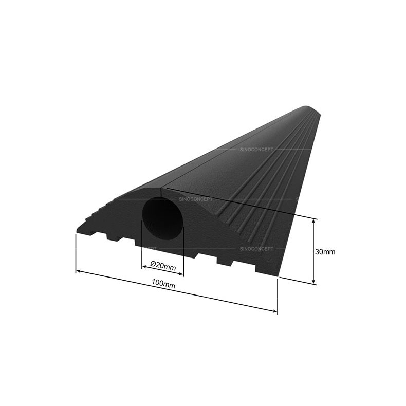 3D drawing of a floor cable cover also called outdoor cable protector showing dimensions of width, height and acceptable cable size