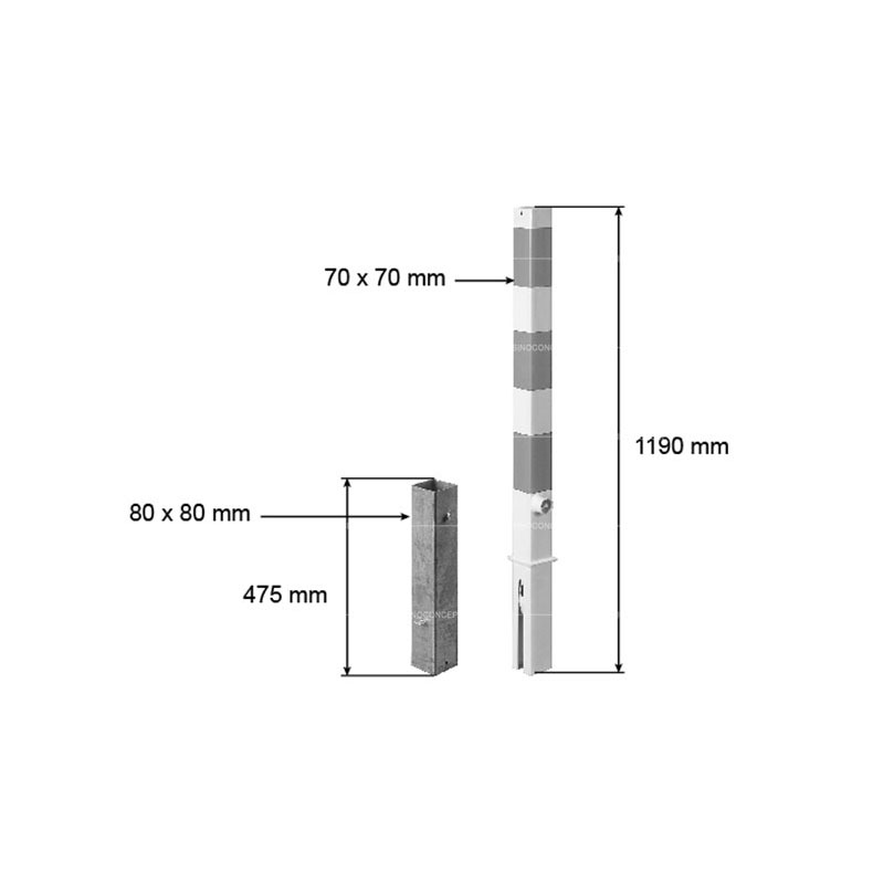 Dimensions poteau de parking amovible pour pompier.