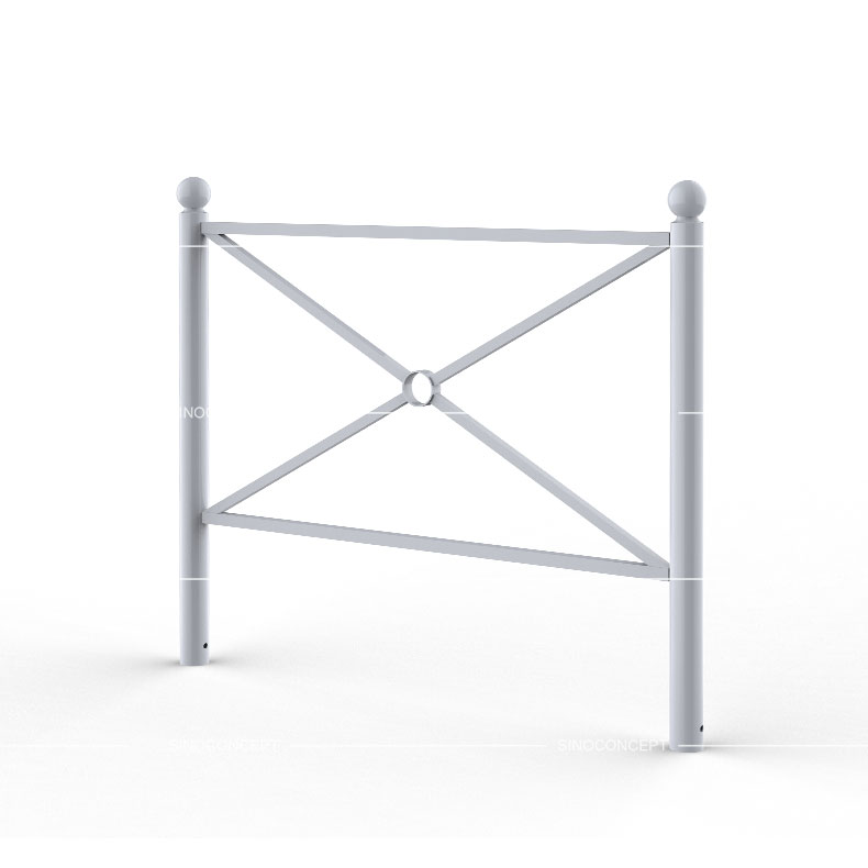 Barrière boule utilisée en tant que mobilier urbain, largeur 1500 mm, hauteur 1300 mm.